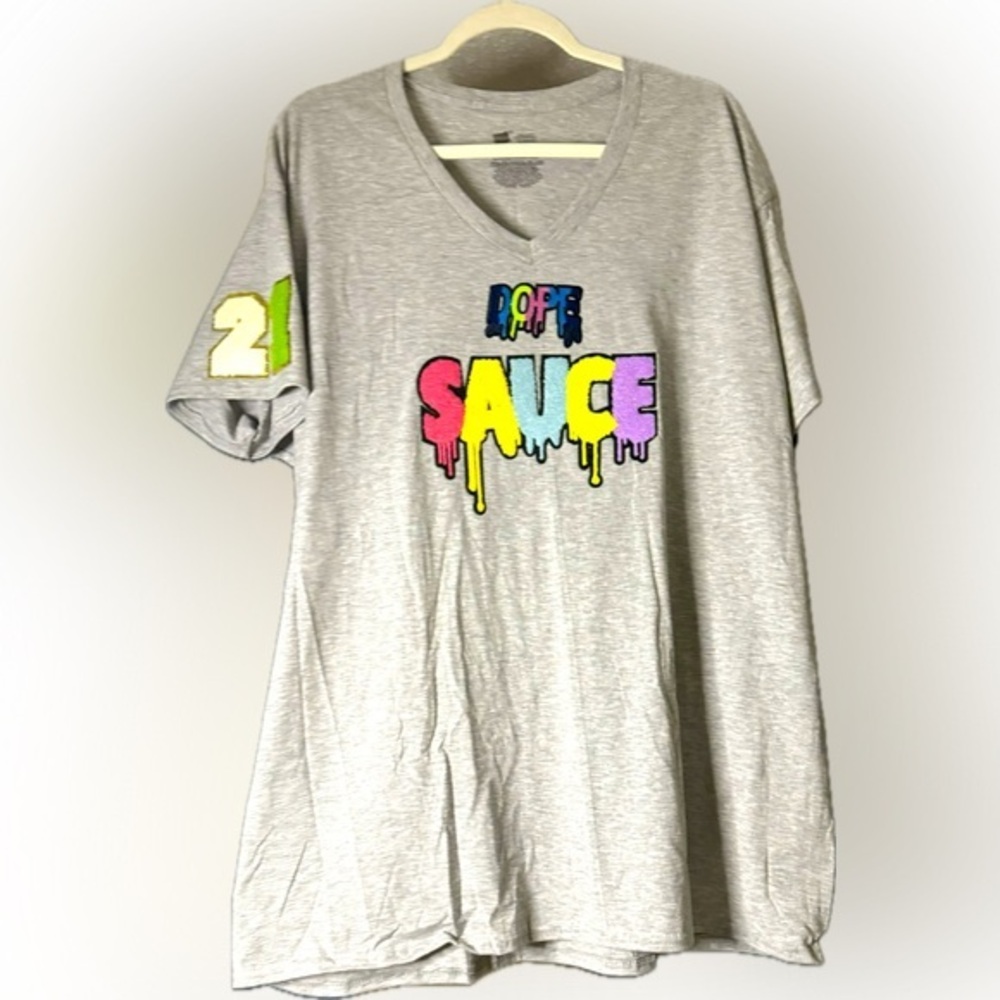 Custom “DOPE SAUCE” Hanes Heather Grey V-Neck T-Shirt Size XL